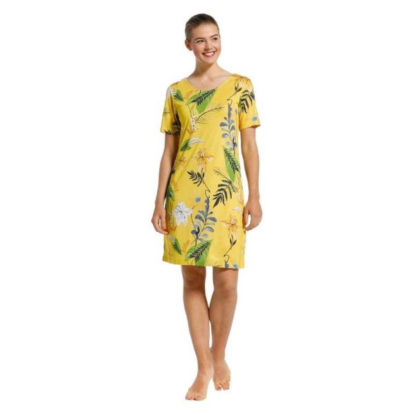 Trikoomekko__tuinika_keltainen__kukkakuviollinen_lyhythihainen