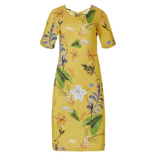 Trikoomekko__tuinika_keltainen__kukkakuviollinen_lyhythihainen