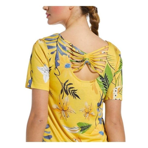 Trikoomekko__tuinika_keltainen__kukkakuviollinen_lyhythihainen