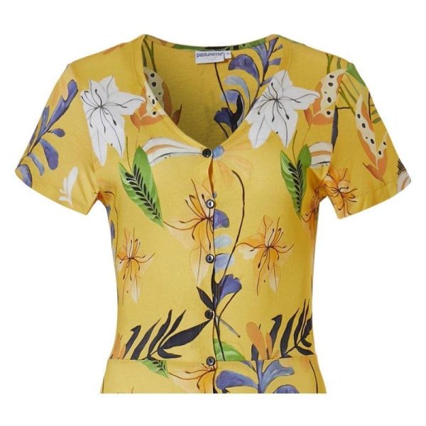 Kukkamekko__keltainen__edesta_napitettava_lyhythihainen__pituus_125cm