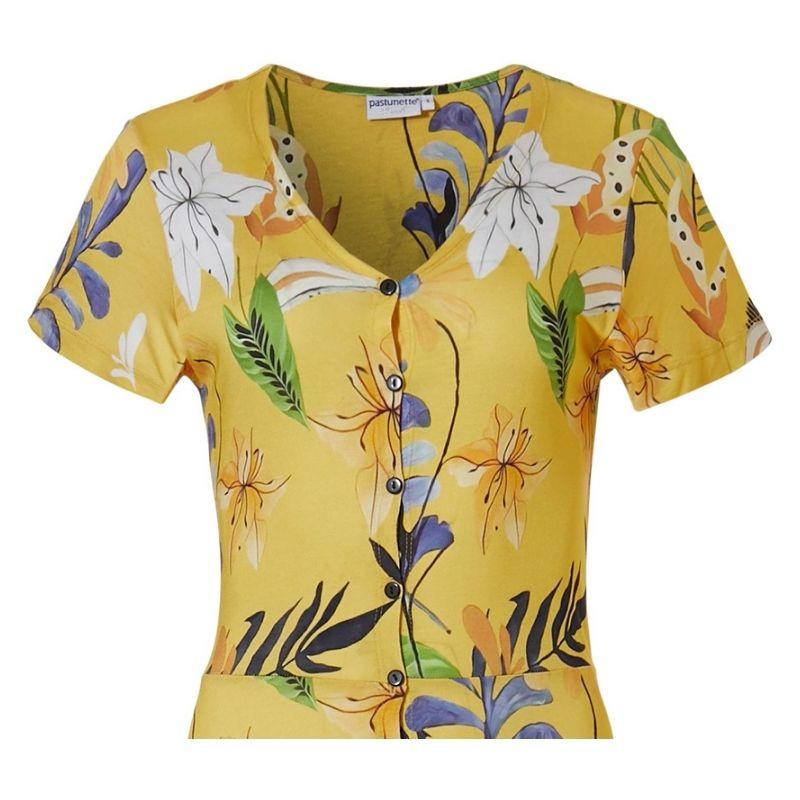 Kukkamekko__keltainen__edesta_napitettava_lyhythihainen__pituus_125cm