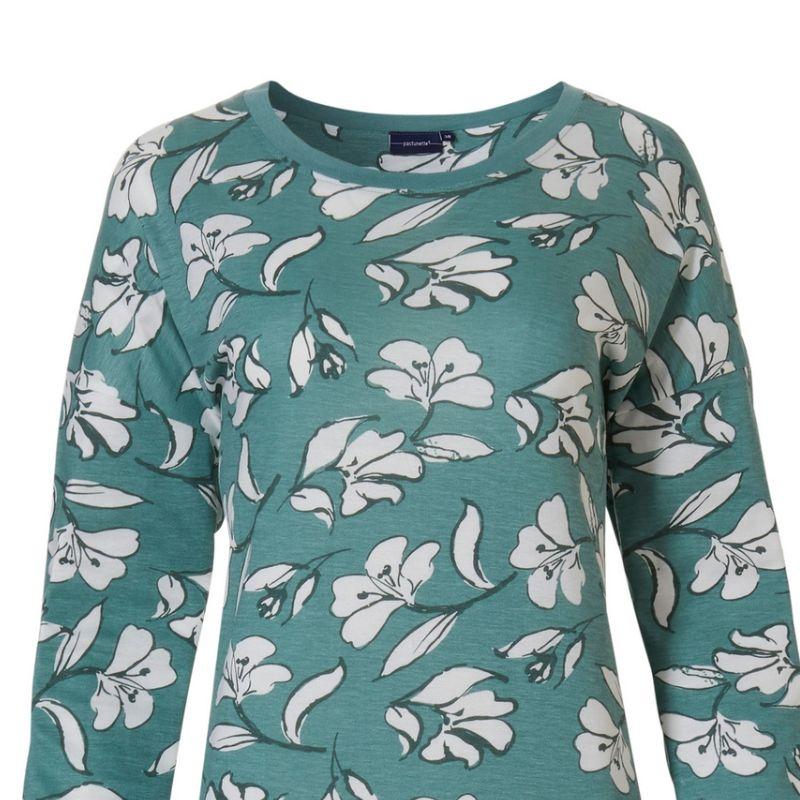 Pastunette_tayspitka_yopaita_pitkat_hihat__light_green__valkoinen_kukkaprintti