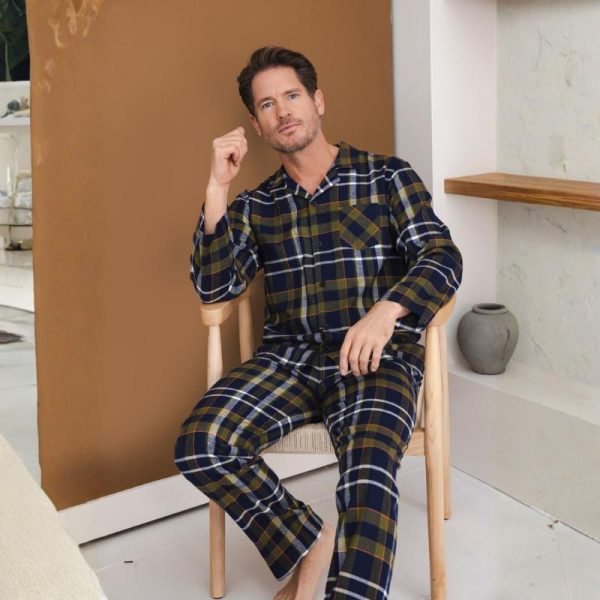 Miesten flanelipyjama, sinivihreäruudullinen