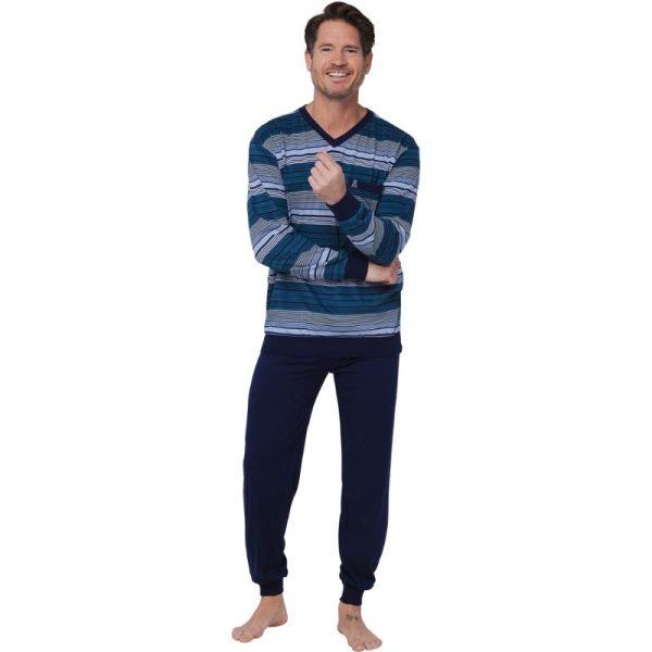 Miesten pehmeä pyjama, 100% puuvillaa, sininen