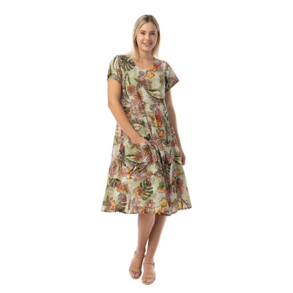 Orientique midimittainen lyhythihainen mekko, 100% puuvillakangas