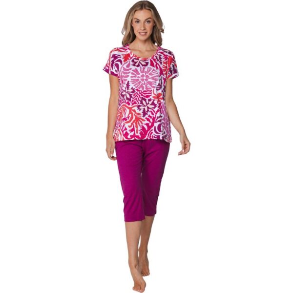 Punakirjava pyjama, caprihousut, lyhythihainen paita, 100% puuvillaa