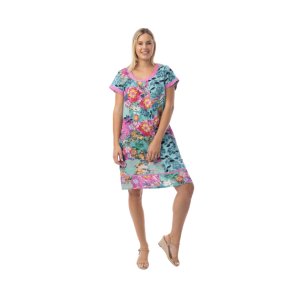 Orientique lyhythihainen lyhyt turkoosi mekko, tunika, 100% puuvillakangas